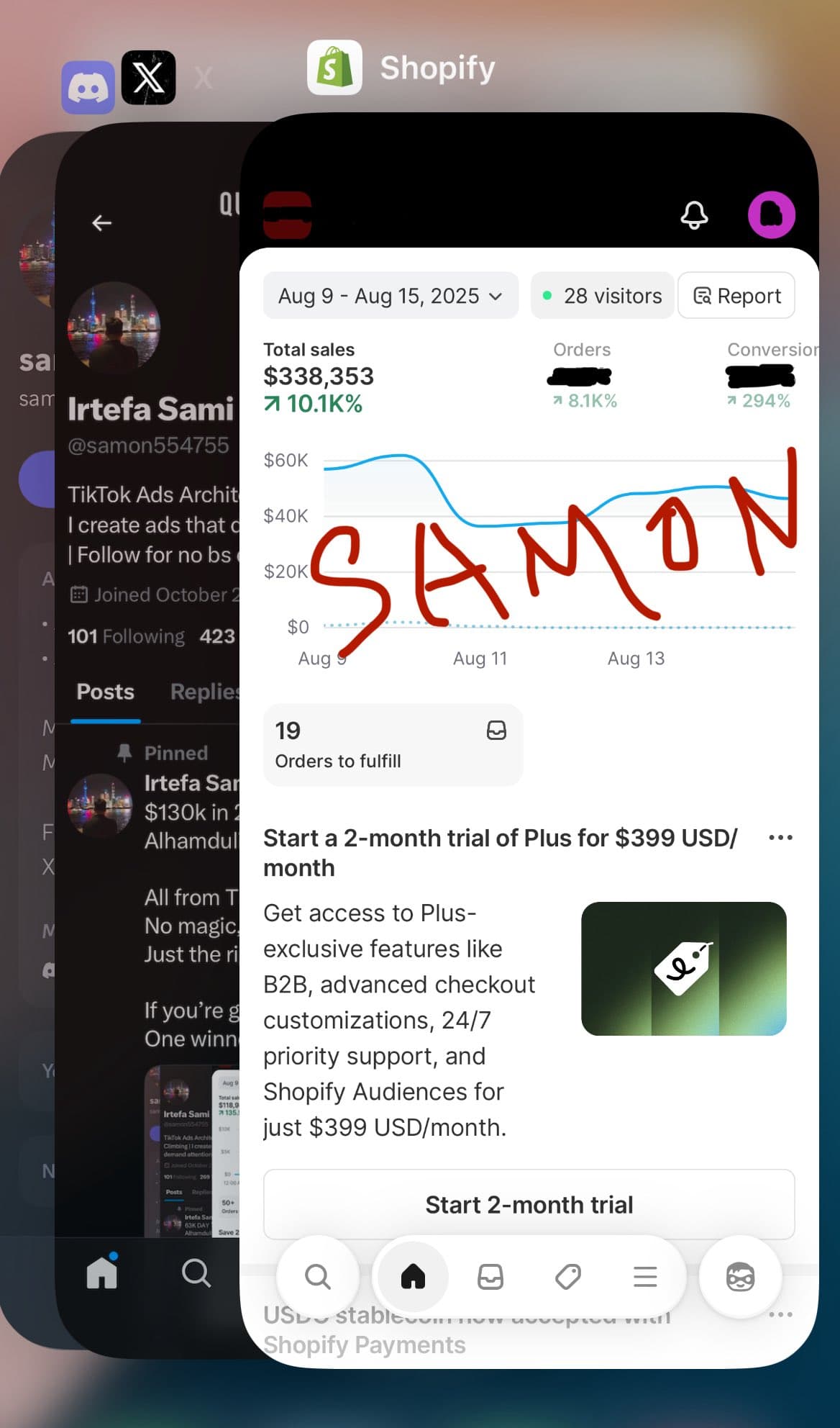 First Shopify dashboard in Samon’s $353K week proof set