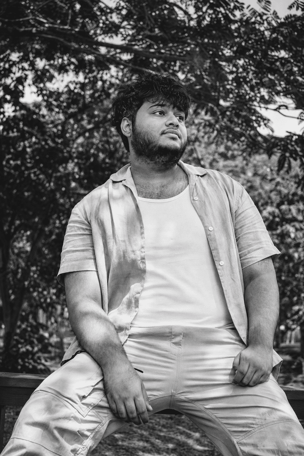 Black-and-white portrait of Samon outdoors in Bangladesh